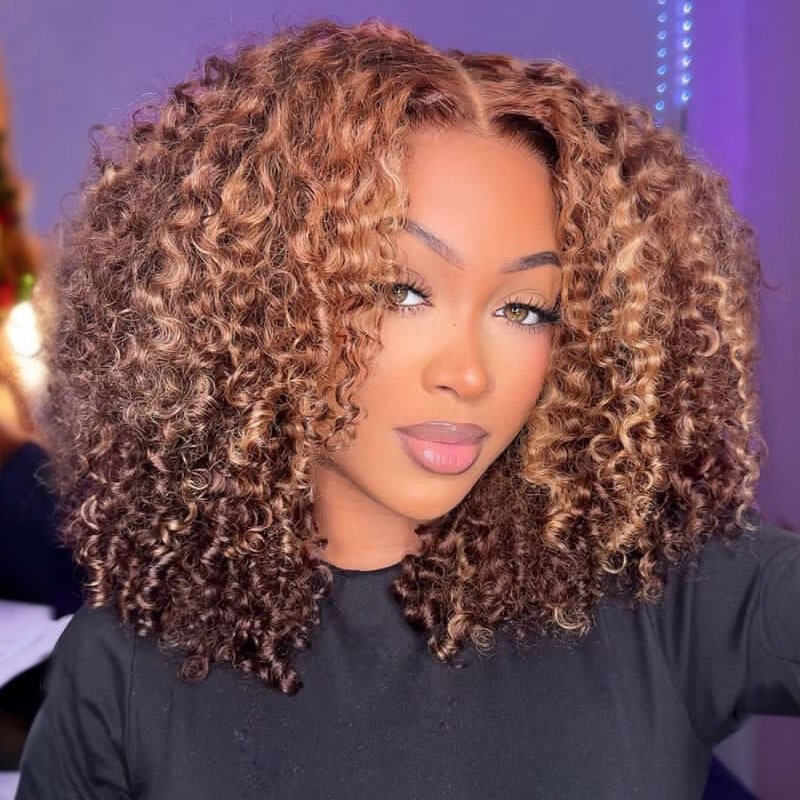 Isee Highlight Wig Human Hair Curly Wigs Wear Go Kinky Curly Wig 4/27 Ombre Colored Glueless HD 7x5 Lace Front Human Hair