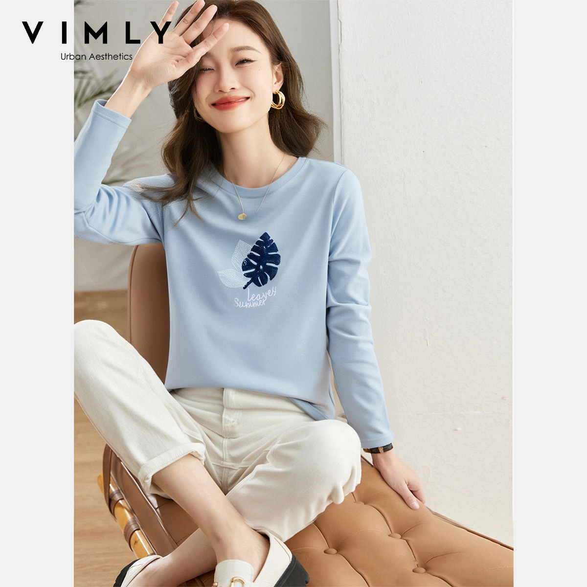 Женские модные футболки VIMLY с длинным рукавом, круглым вырезом, осенние, 2026, повседневные, с цветочной вышивкой, свободные, вязаные, женские топы A2960