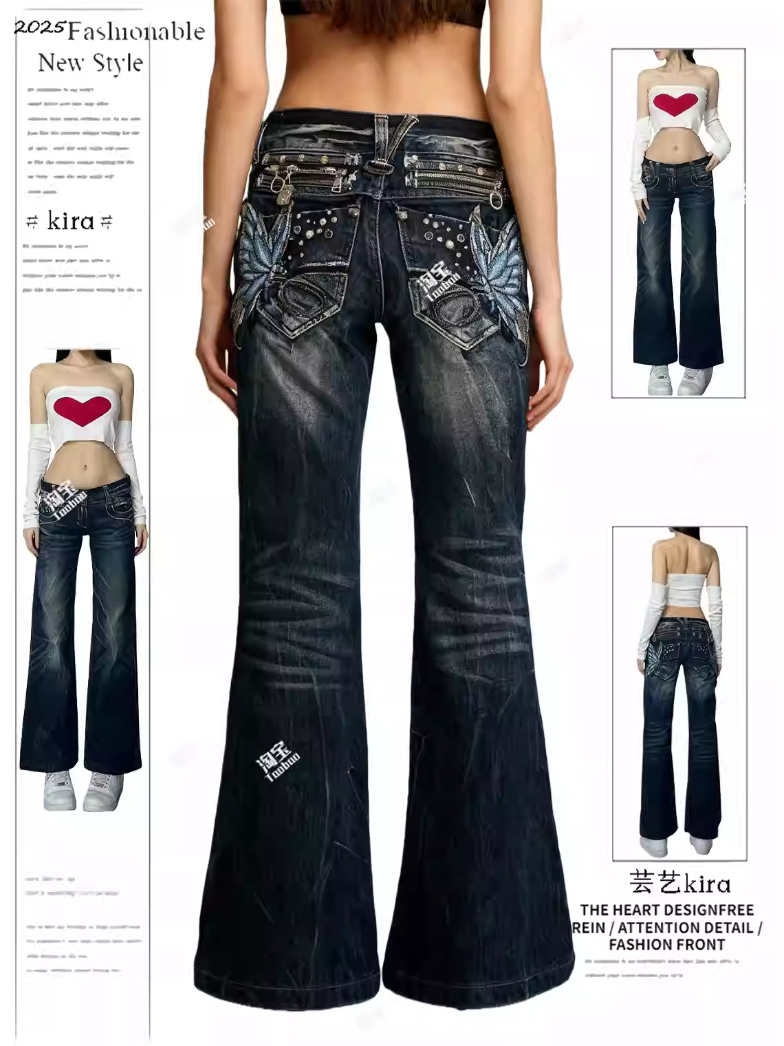 Damen Low-Rise Jeans mit Punk-Stickerei, Designer-Denim-Hosen, Japanischer Abi Y2k Gyaru Cowboy, Amerikanische Retro-Jeans, Hochwertige Jeans