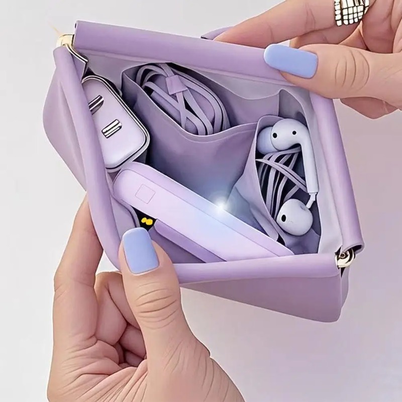 Bolsa de Almacenamiento para Audífonos con Cierre Automático, Bolsa de Almacenamiento para Audífonos con Cable, Monedero de PU, Mini Bolsa Portátil para Lápiz Labial y Maquillaje