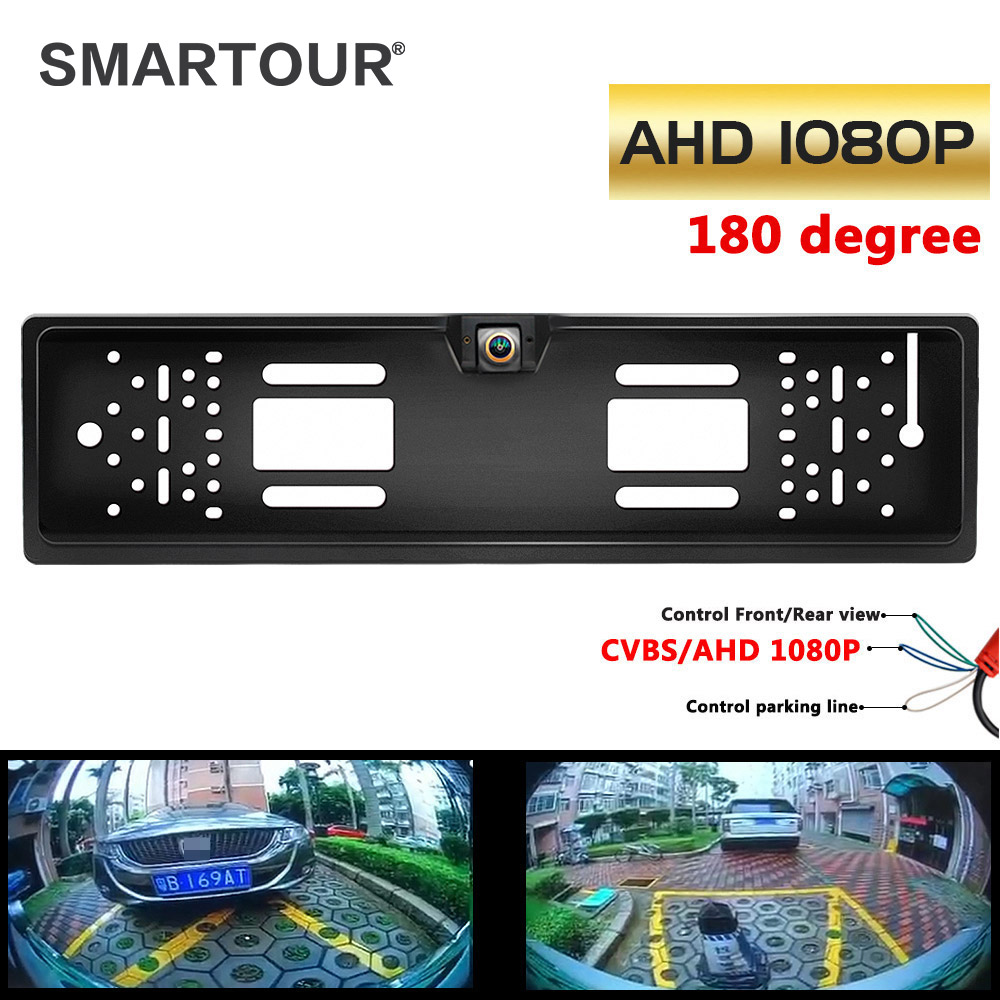 SMARTOUR 4K CVBS 180 Degree 1920x1080P AHD EU European Car Rear View Number License Plate Frame Camera Fisheye Night Vision