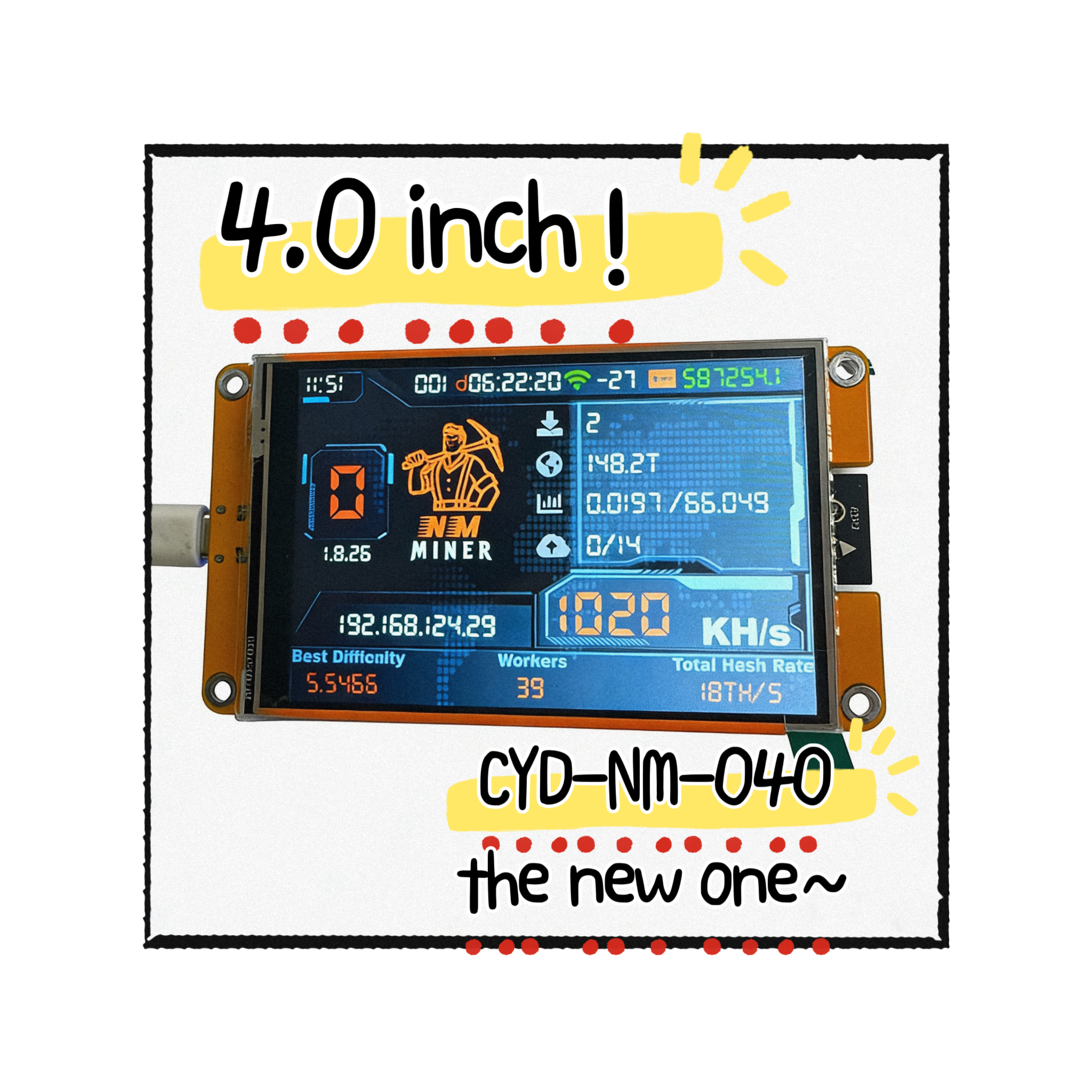 NMMiner NerdMiner V2 ハッシュレート ラッキーマイナー ESP32 4.0インチ スマートディスプレイ クリプトソロロトリー 960KH/s ビットコイン ESP32-040 ボード