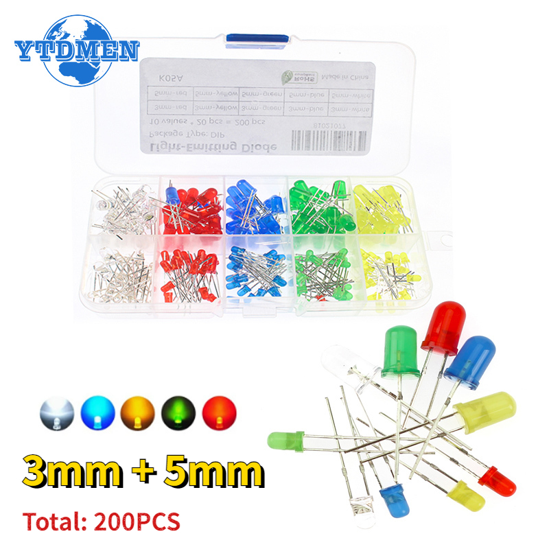 200 pièces 5 couleurs 3MM + 5MM Diode électroluminescente Kit électronique boîte F3 F5 Diode LED divers Kits blanc vert rouge bleu jaune bricolage