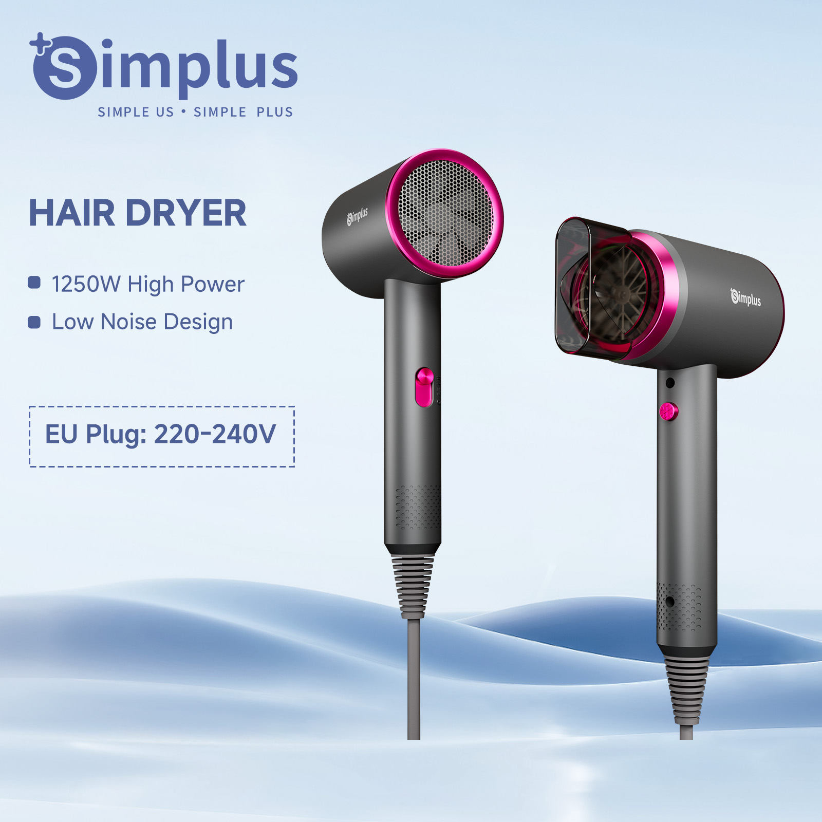 Simplus Secador de pelo de alta velocidad, 1250W, iones negativos, cuidado profesional del cabello, bajo nivel de ruido, protección contra sobrecalentamiento, 220-240V