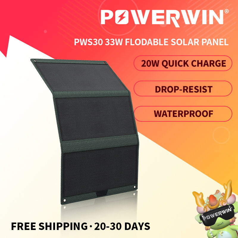 POWERWIN PWS30 Panel Surya Lipat 33W Efisiensi Tinggi ETFE Pengisi Daya Surya Fleksibel dengan PD20W Type-C USB Tahan Air IP65