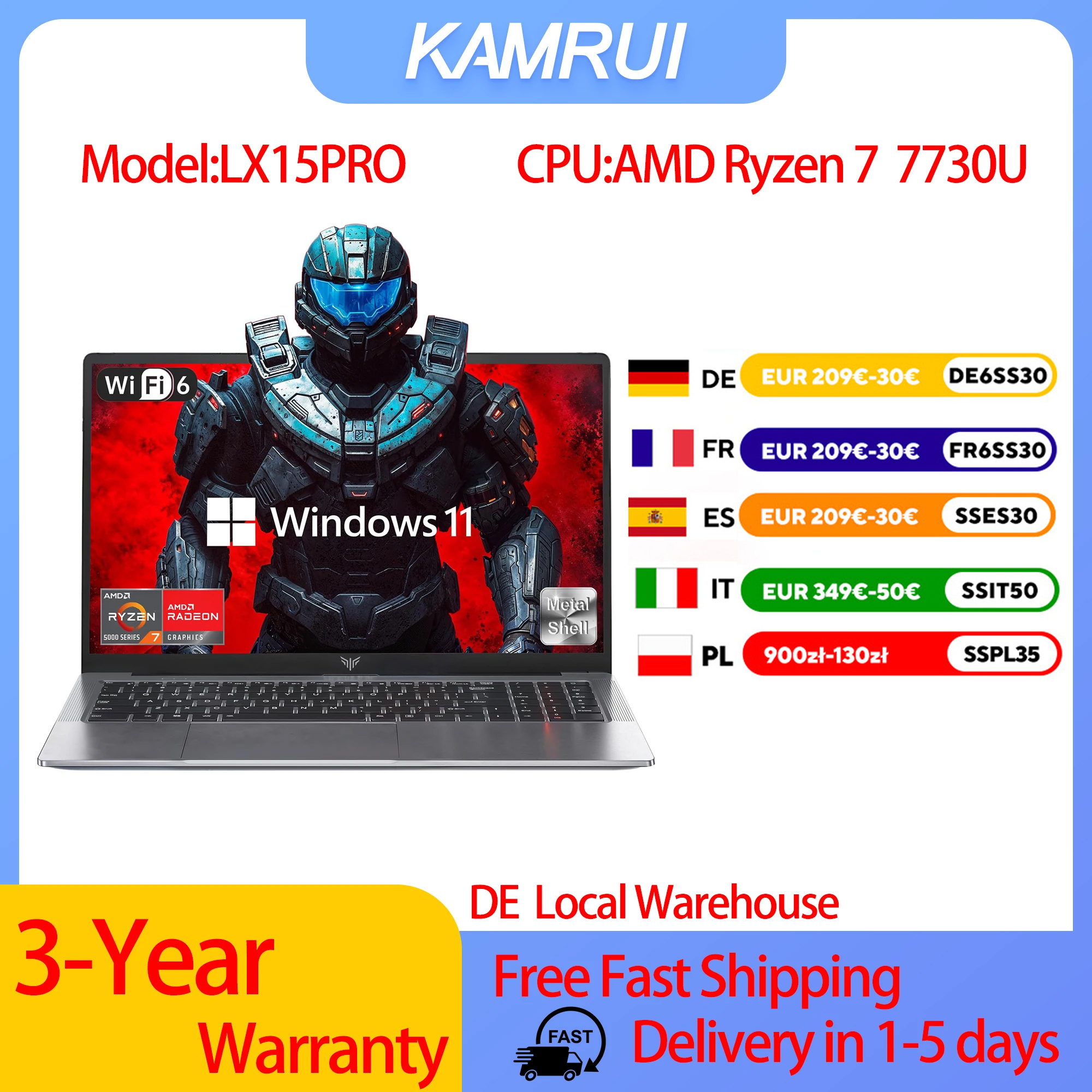 Portátil para Juegos KAMRUI de 15.6 Pulgadas con AMD Ryzen 7 7730U, 16 GB, 512 GB, Windows 11, Alto Rendimiento, Radeon, WiFi 6
