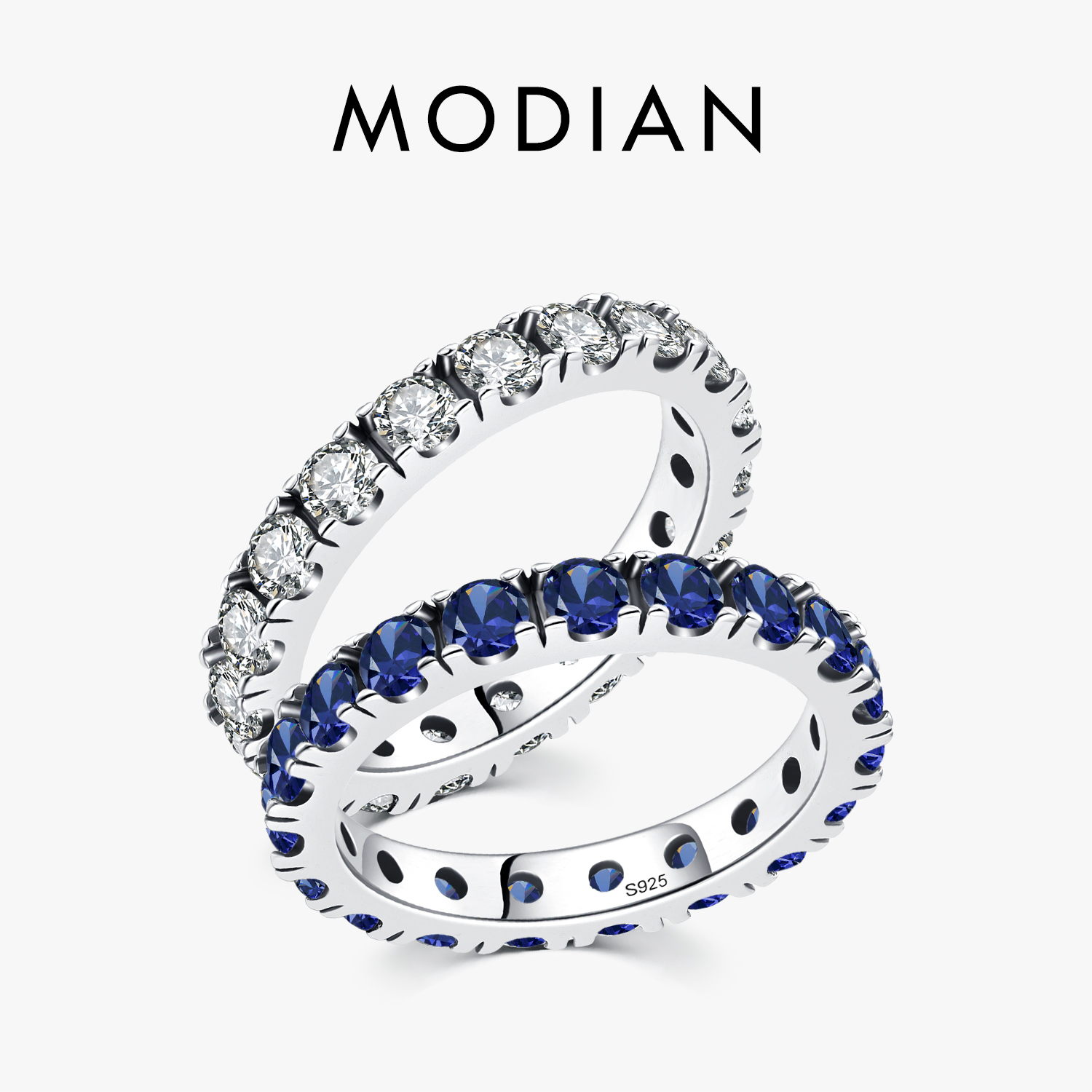 MODIAN Cincin Zirkonia Kubik Biru Berkilau Mewah 925 Perak Murni Cincin Jari Stackable Klasik untuk Wanita Perhiasan Pernyataan