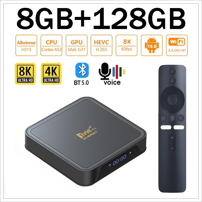 TV98 Pro TV Box Android 14 Allwinner H313 Четырехъядерный медиаплеер 8K 4K HD 4G 5G Dual WIFI BT5.0 8 ГБ 128 ГБ Голосовой пульт дистанционного управления iptv