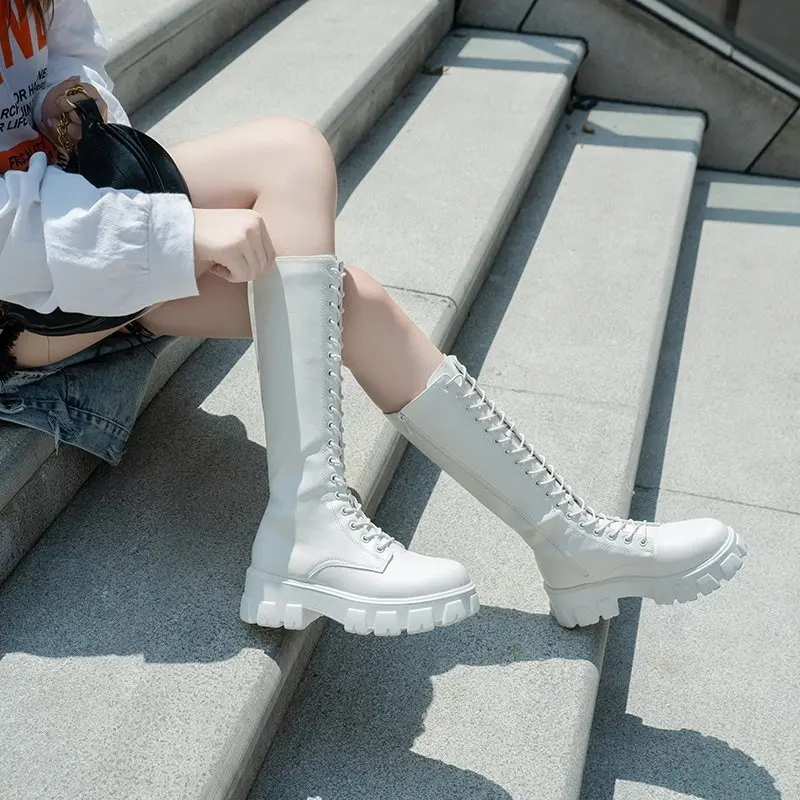 Zimowe damskie buty na zamek błyskawiczny nowe długie buty Modne sznurowane buty antypoślizgowe Casualowe buty z grubą podeszwą wygodne buty damskie Botas