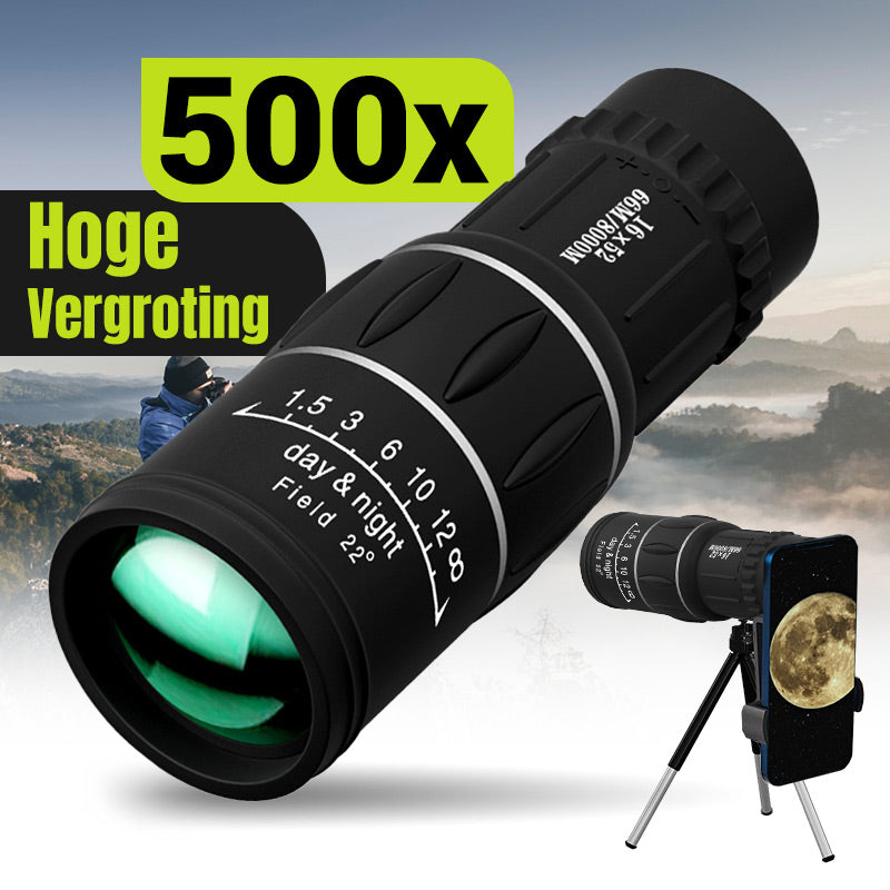 Telescópio monocular 16x52, alta potência, foco duplo, zoom óptico, alta ampliação, longo alcance, telescópio noturno