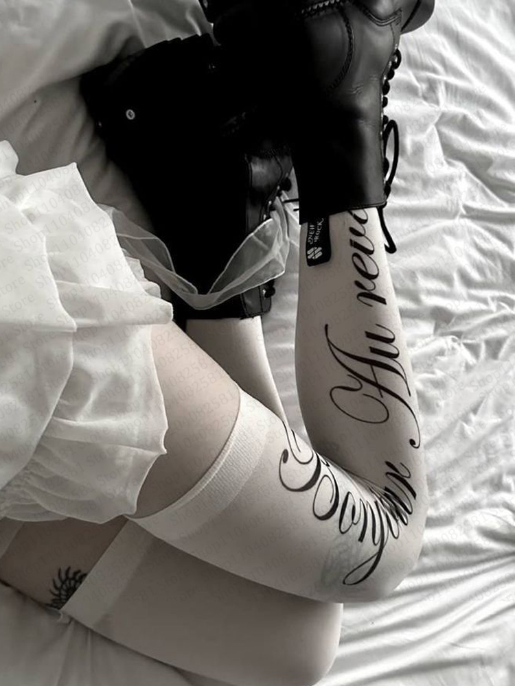 White Gothic retro letter printed long socks Harajuku slim fit knee high socks Y2K style cosplay cute emo fashion socks Kawaii