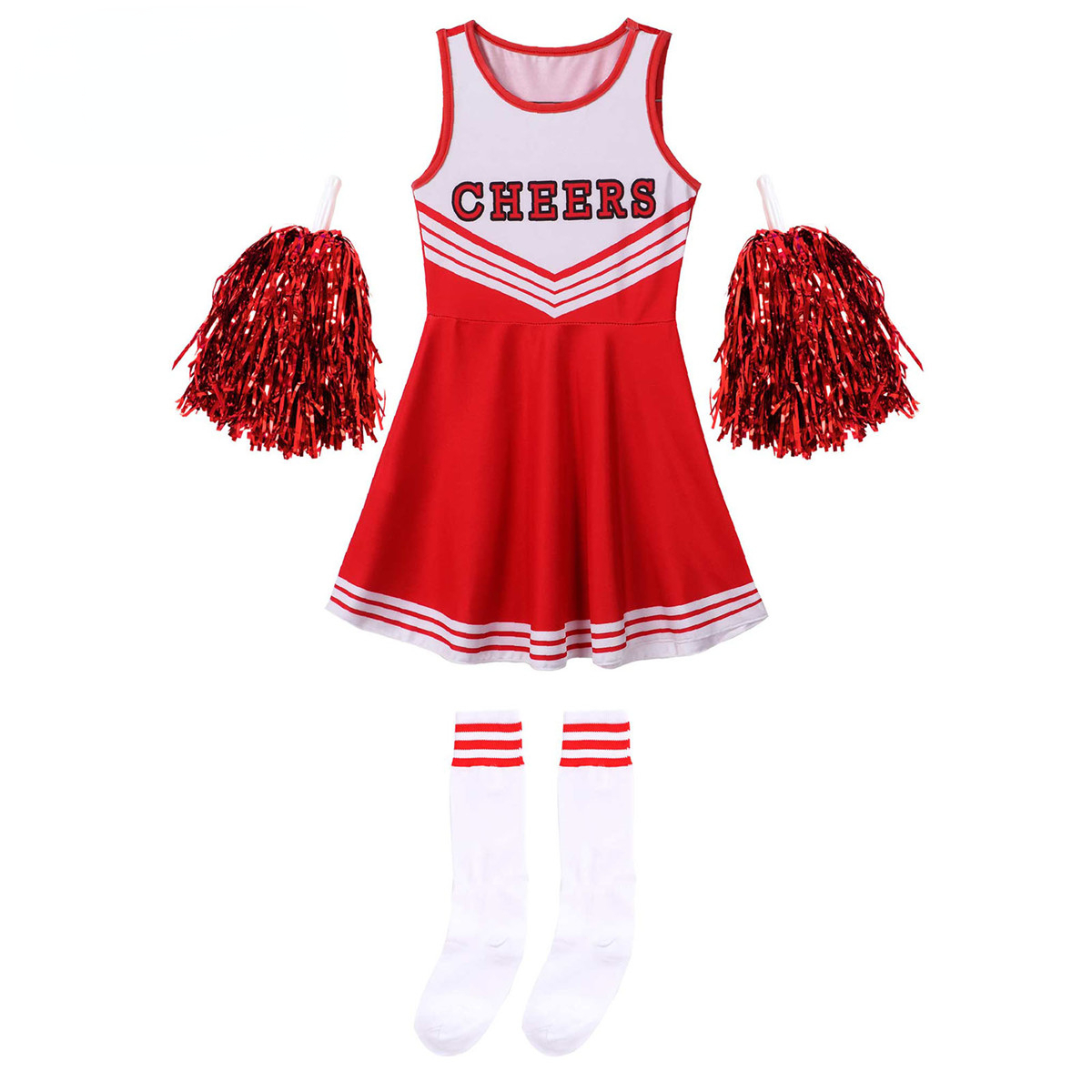 女の子チアリーディング制服ノースリーブダンス衣装子供チアリーダー衣装ラウンドネックレタープリントドレス花と靴下