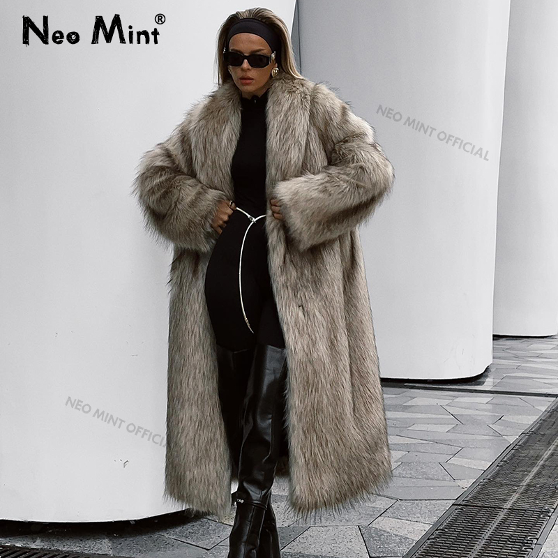 Neo Mint Luxury Mob Wife Эстетическое длинное пальто из искусственного меха Женская зима 2024 Пушистая куртка из лисьего меха с градиентом Женское меховое пальто