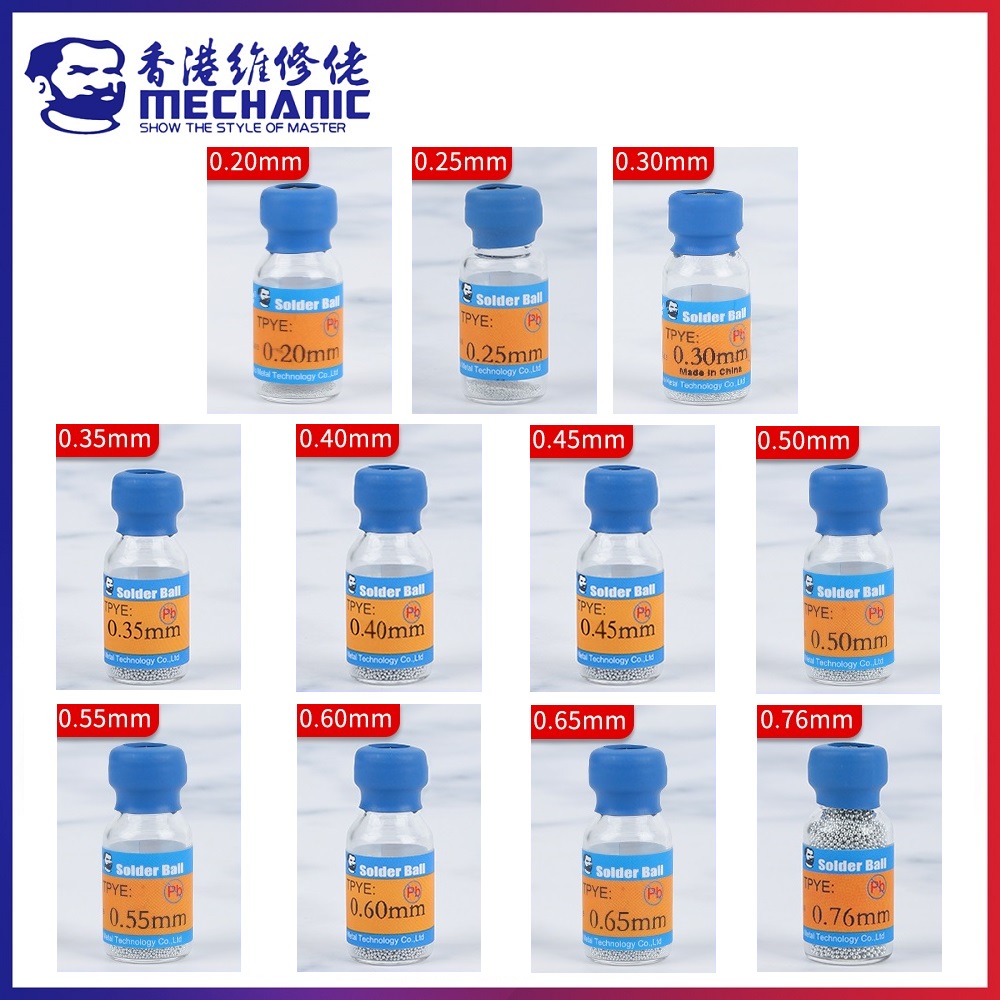 Billes de soudure BGA sans plomb MECHANIC XZW10 Series Sn96.5/Ag3.0/Cu0.5, 10K/bouteille, 0.2mm-0.76mm, pour réparation et reprise de circuits imprimés