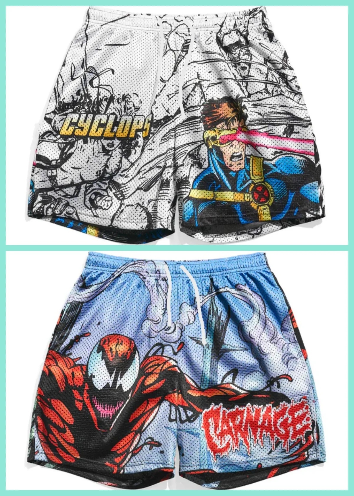 Retro-trendige, schwarz-weiße Strichzeichnungen im Comic-Stil für Erwachsene und Kinder, farbenfrohe, 3D-gedruckte Sportshorts mit Helden-Patchwork