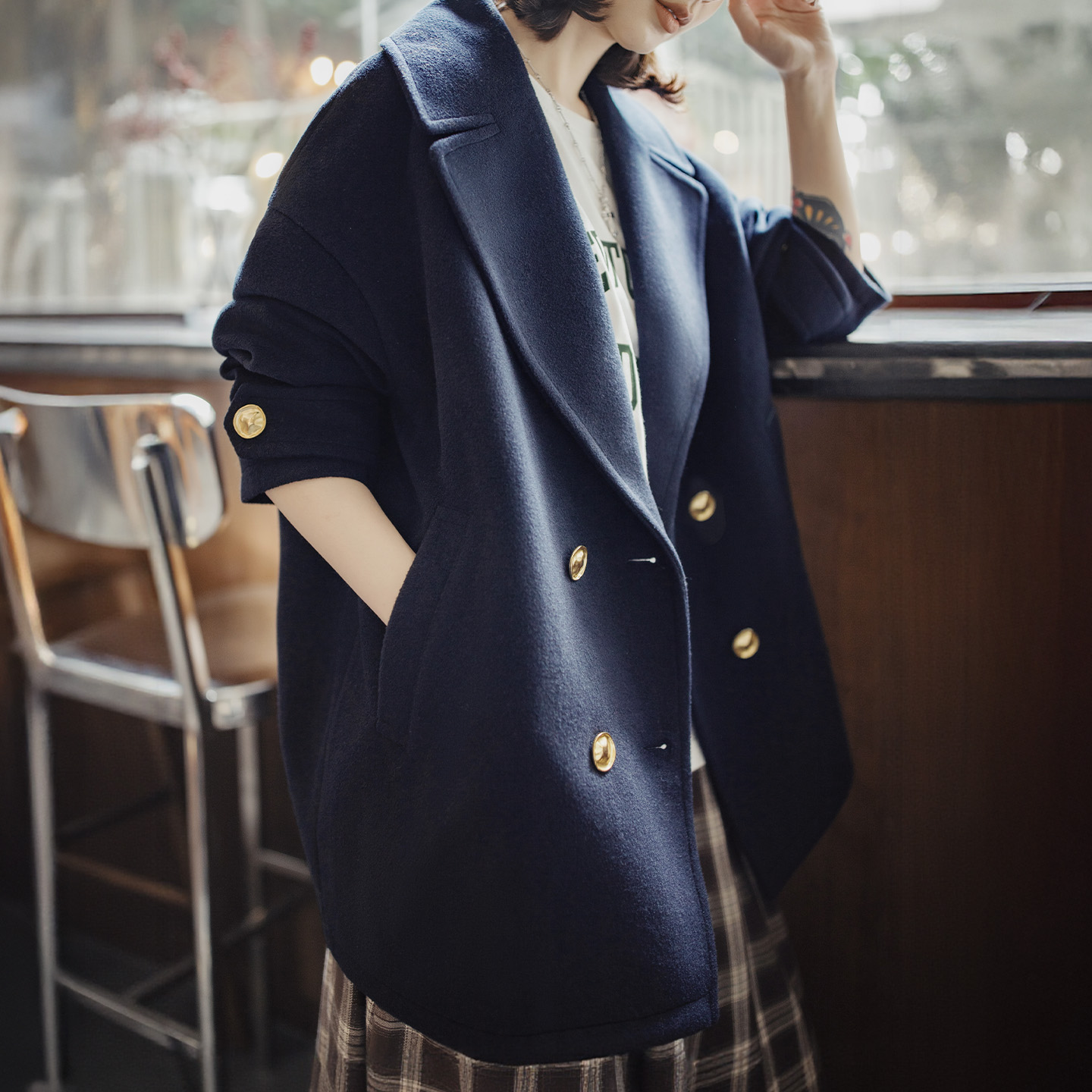 Maden Women's Coat Mid-length Thickened Overcoat Double Breasted Lapel Jacket Warm Navy Blue Preppy Style Casual Outerwear