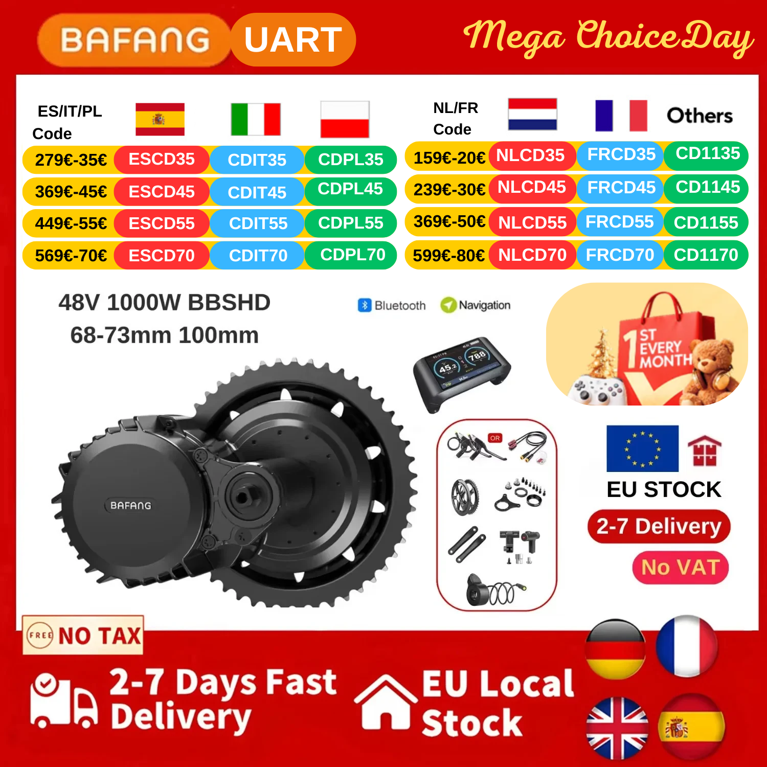 BAFANG 1000W 48V BBSHD Mid Drive Motor Kits Electric Bicycle Motor BBS03 68mm 100mm Ebike Mid Drive motor engine Conversion Kit