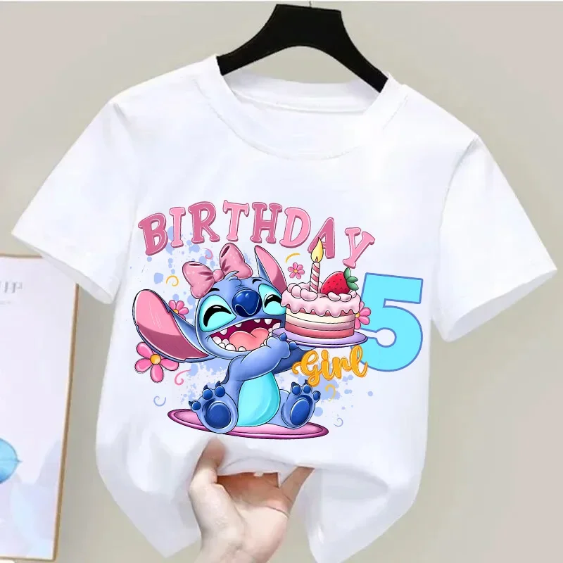 Lilo & Stitch Birthday Tee Kids 1st to 9th Year Cartoon Print Round Neck Cotton Shirt Unisex Toddler Party Outfit