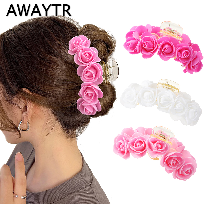 Awaytr Roze Bubble Bloem Rose Bloem Haarklauw Clip Baret Paardenstaart Houder Schattige Haarclip Haaraccessoires Voor Vrouwen Meisjes