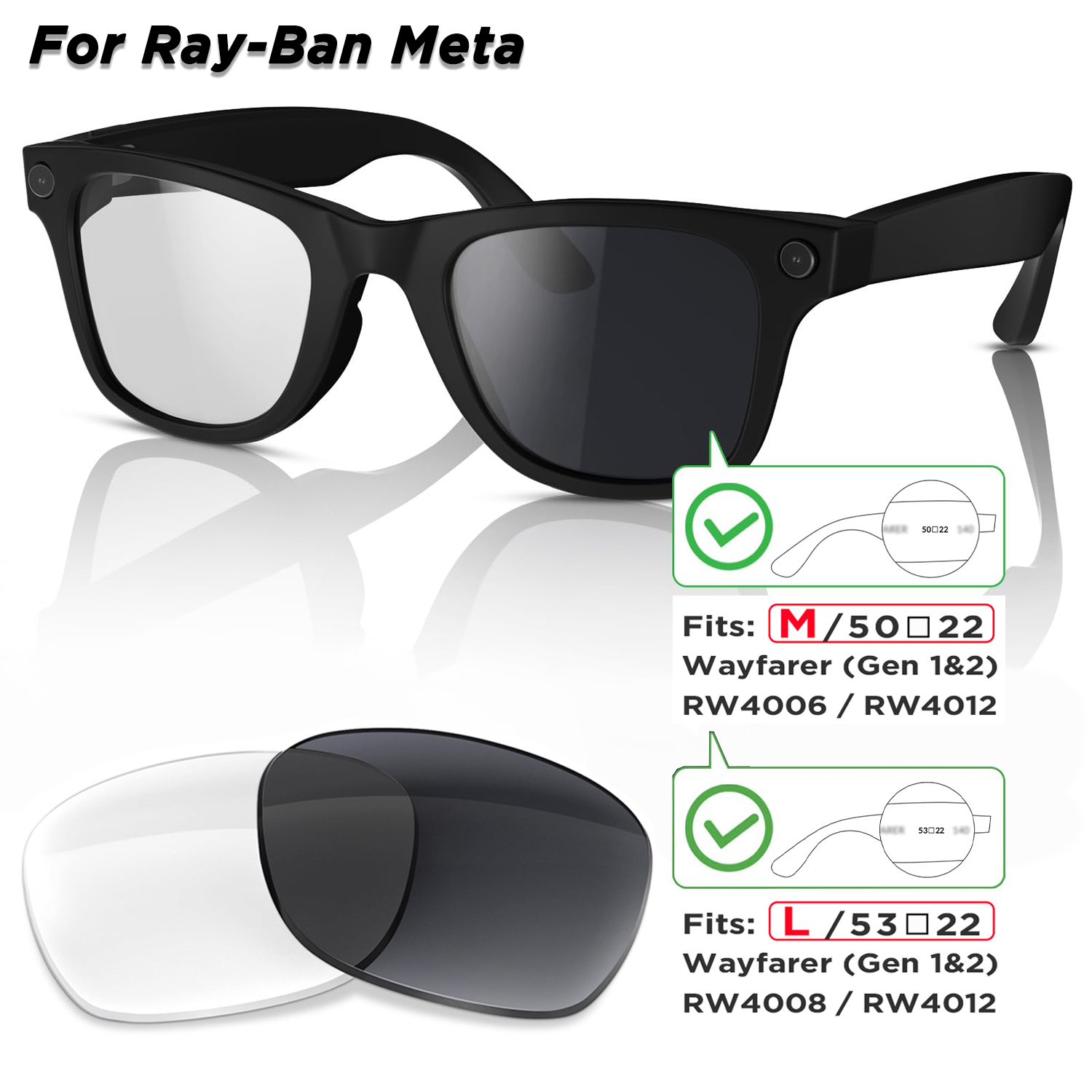 Фотохромные и поляризованные сменные линзы для умных очков Ray-Ban Meta Wayfarer RW4006 / RW4008 / RW4012 Gen1/2 AI