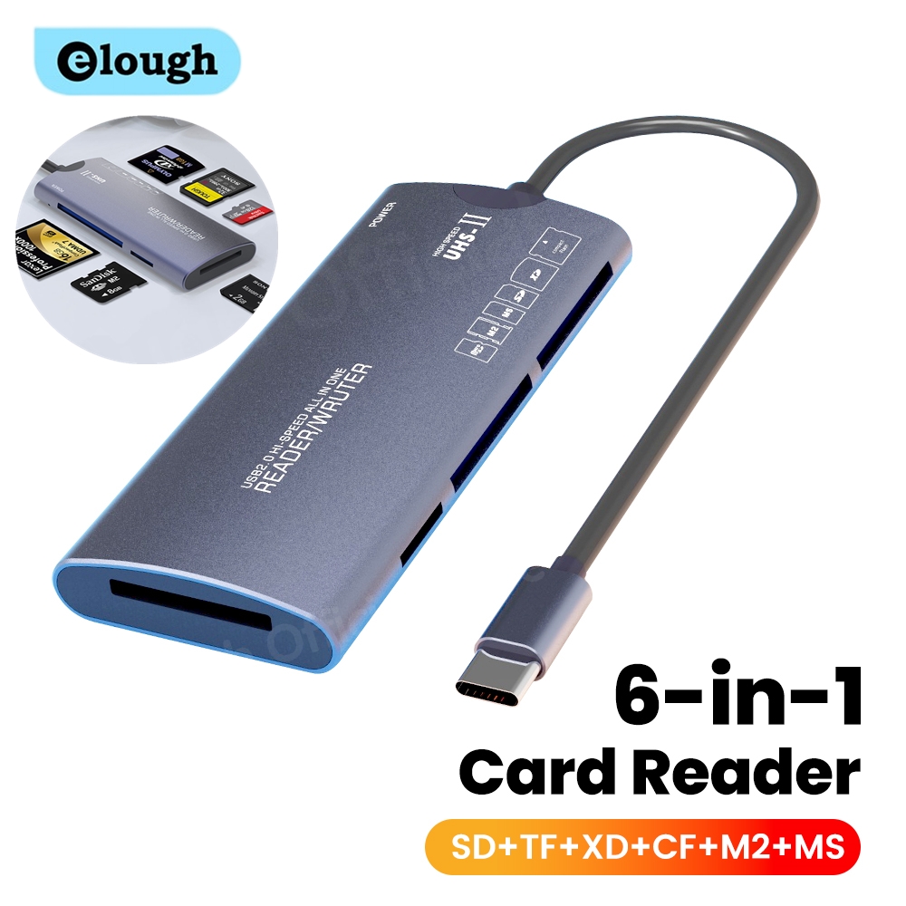 Elough 6-in-1 kaartlezer SD TF XD CF M2 geheugenkaartlezers USB-adapter Type C Hoge snelheid gegevensoverdracht kaartlezer voor laptop
