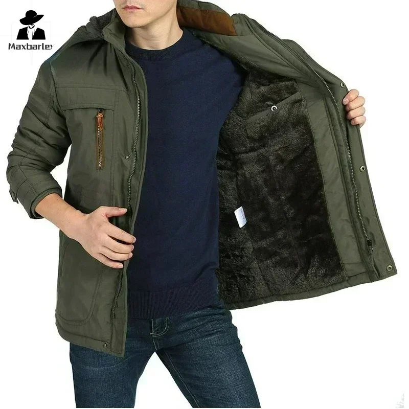 Parka de inverno masculino com vários bolsos, forro de lã espessada, jaqueta acolchoada à prova de frio, acampamento ao ar livre, boné removível, casaco quente masculino