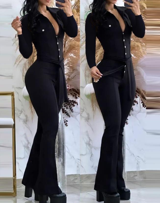 Mono mujer 2023 moda Primavera abotonado detalle atado cuello vuelto liso manga larga flaco diario mono largo acampanado