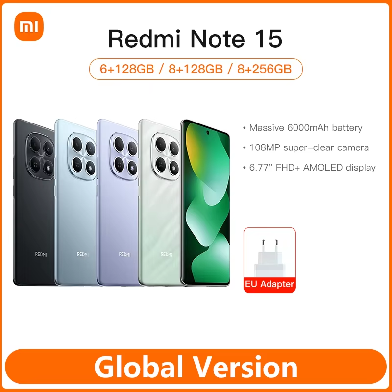 Смартфон Xiaomi Redmi Note 15 Global Version с процессором MTK Helio G100-Ultra, 6.77-дюймовым AMOLED-дисплеем, 108-мегапиксельной камерой и батареей 6000 мАч.