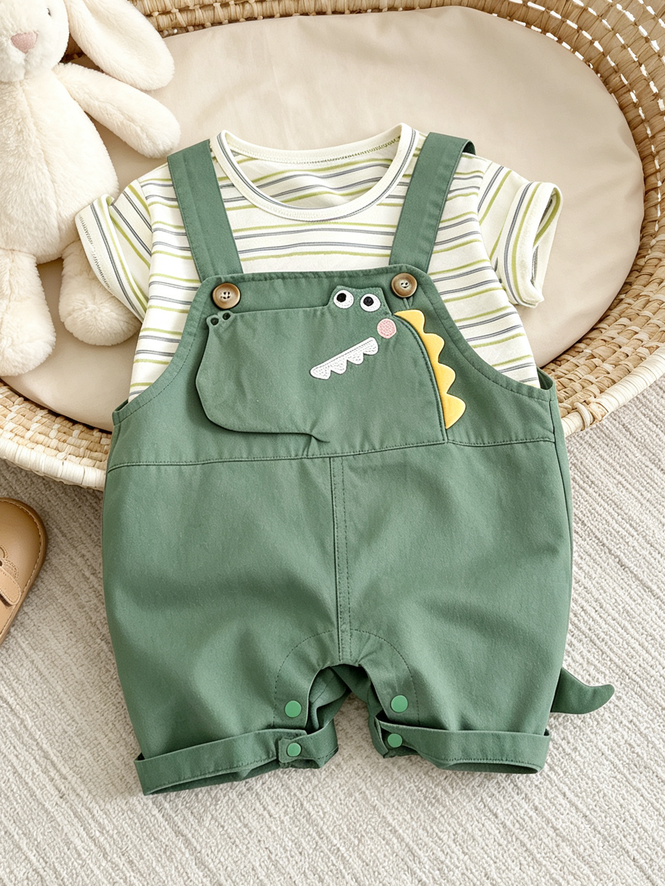 TtkaaBaby Boys' 3D Dinosaur Embroidered Short-Sleeve Overalls Two-Piece Set—Boys' Cartoon Korean Style—Baby Birthday Gift