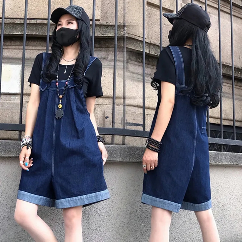 Monos vaqueros de verano, pantalones cortos, moda holgada informal, pantalones vaqueros con tirantes, mono de talla grande para mujer, ropa de calle, monos de pierna ancha holgados