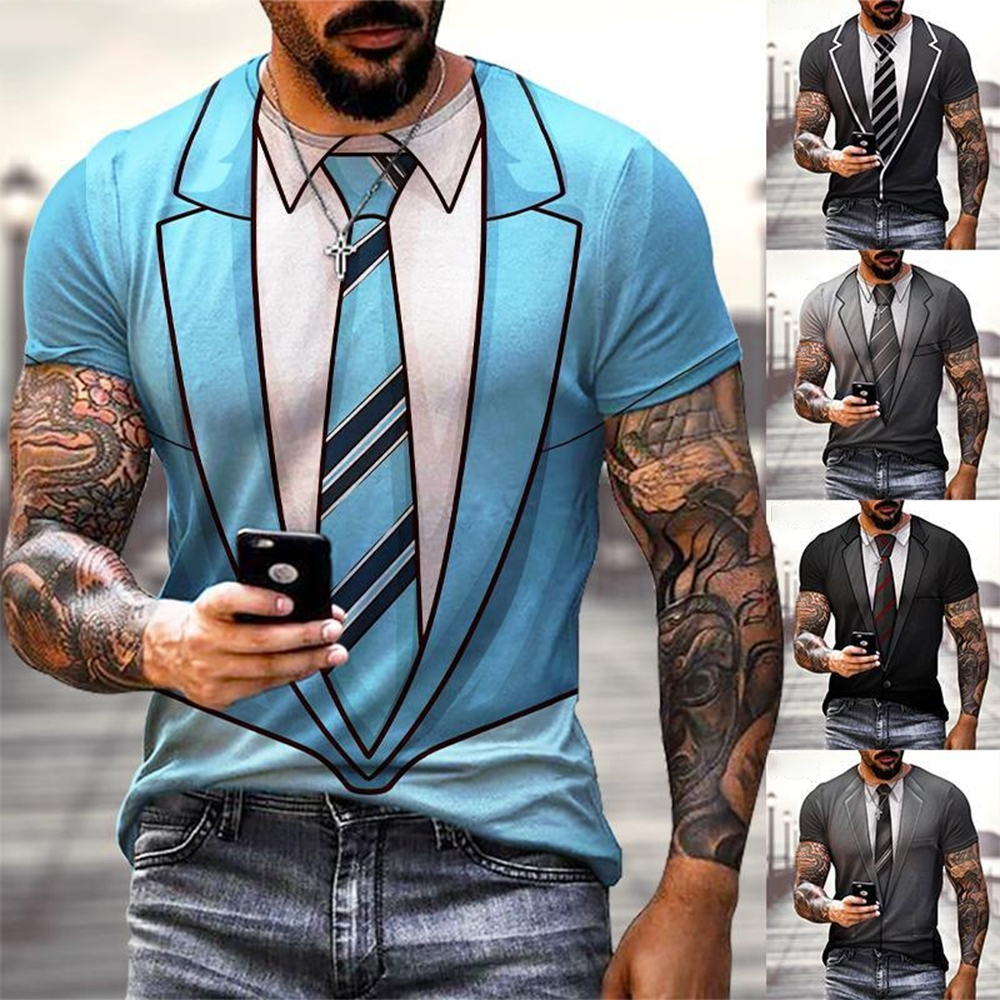 Moda verão engraçado terno falso 3d impresso camiseta tailcoat gravata camiseta masculina rua de manga curta
