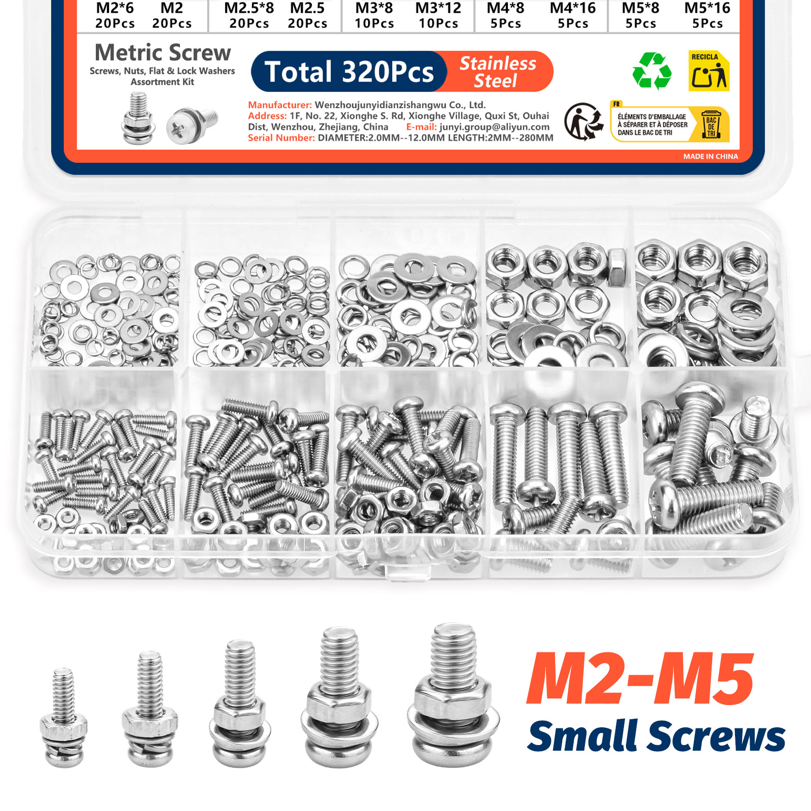 320pcs Stainless Steel M2 M2.5 M3 M4 M5 Screws Nuts Washers Assortment Kit Rustproof Metric Hardware Set for DIY Home Repair Use