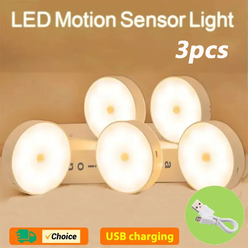 Luz LED nocturna con Sensor de movimiento, lámpara de noche recargable por USB para cocina, armario, escalera, luz inalámbrica para armario, 3 uds.
