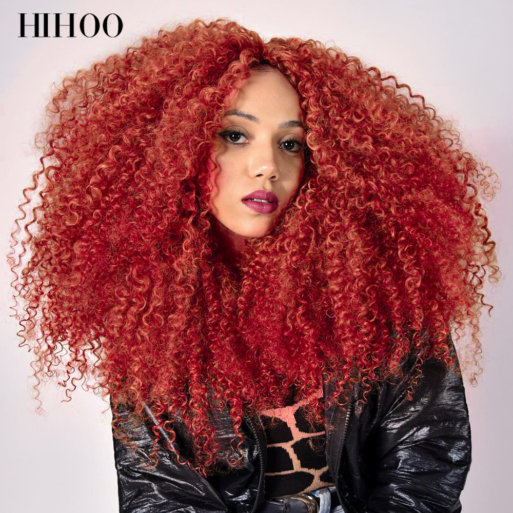Pelucas frontales de encaje rizado para mujeres negras, pelo corto prearrancado con Babyhair, aspecto Natural, sintético, Afro, peluca de Cosplay, Rojo