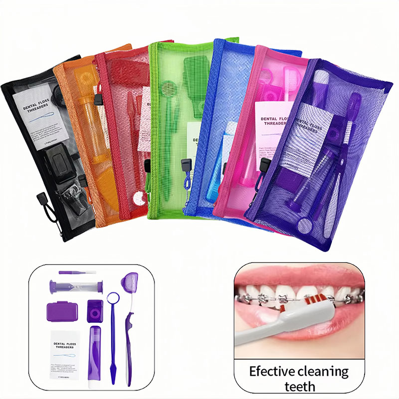 8 stks/set Tandheelkundige Zorg Borstel Kit Orthodontische Tanden Schoonmaken Tool Opvouwbare Tandenborstel Rager Floss Draad Wax Reizen Kit