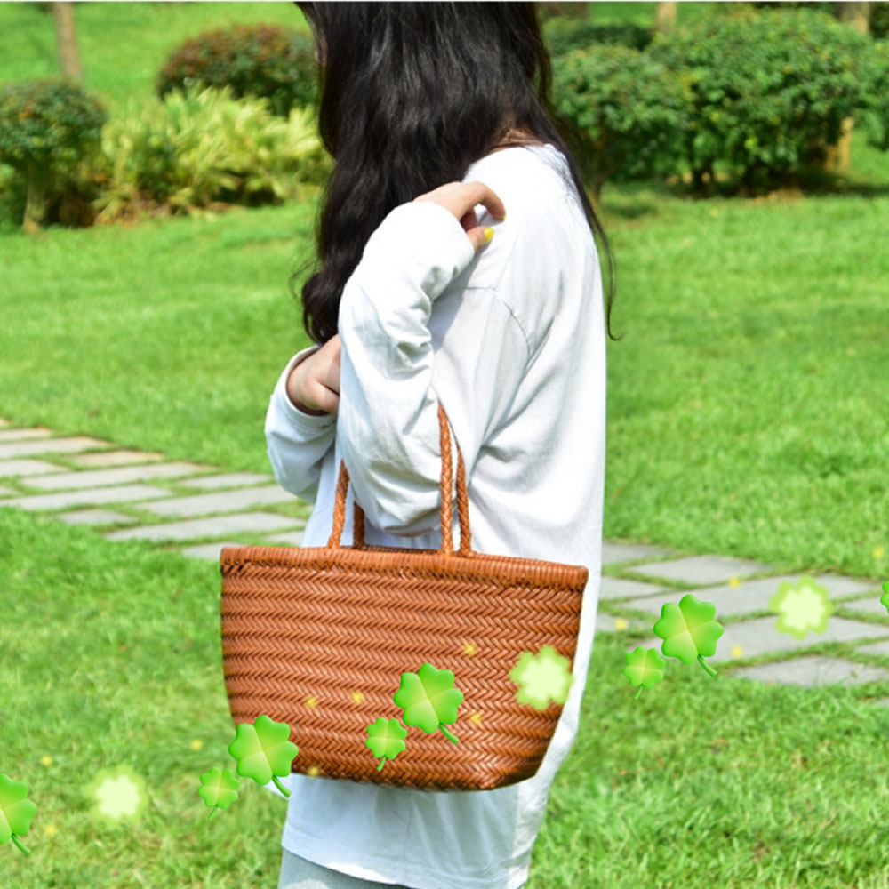 Bolsas de Couro Trançadas Femininas, Bolsa de Balde Artesanal com Bolsos Internos de Algodão, Bolsas de Couro com Alça de Tricô Casual