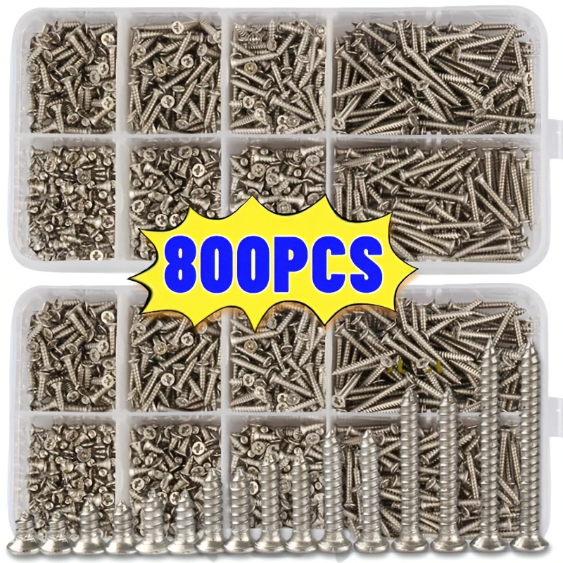 Kit de 800 vis autoperceuses pour bois, vis à tête plate M2 pour tôle, assortiment de vis autoperceuses, kit de fixation avec écrous de blocage