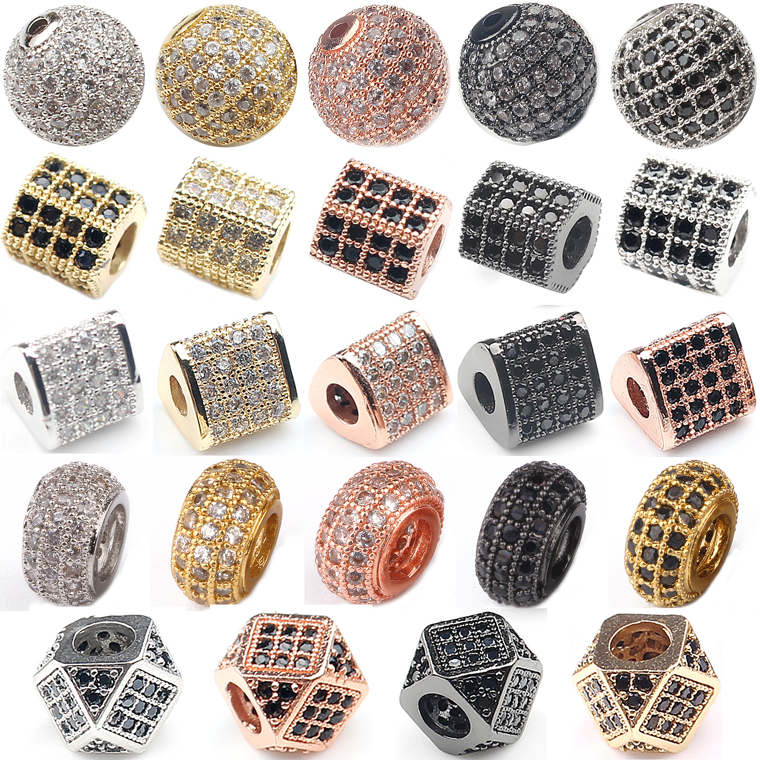 3 Buah Manik-manik Zirkonia Micro Pave Bulat Geometri Logam Kubik Manik-manik Zirkon untuk DIY Gelang Kalung Desain Membuat Perhiasan Kerajinan