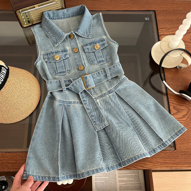 Novedad de verano, vestido vaquero para niñas, cinturón decorativo, cuello de solapa, vestido de princesa tutú sin mangas para niños de 2 a 10 años, vestido de moda