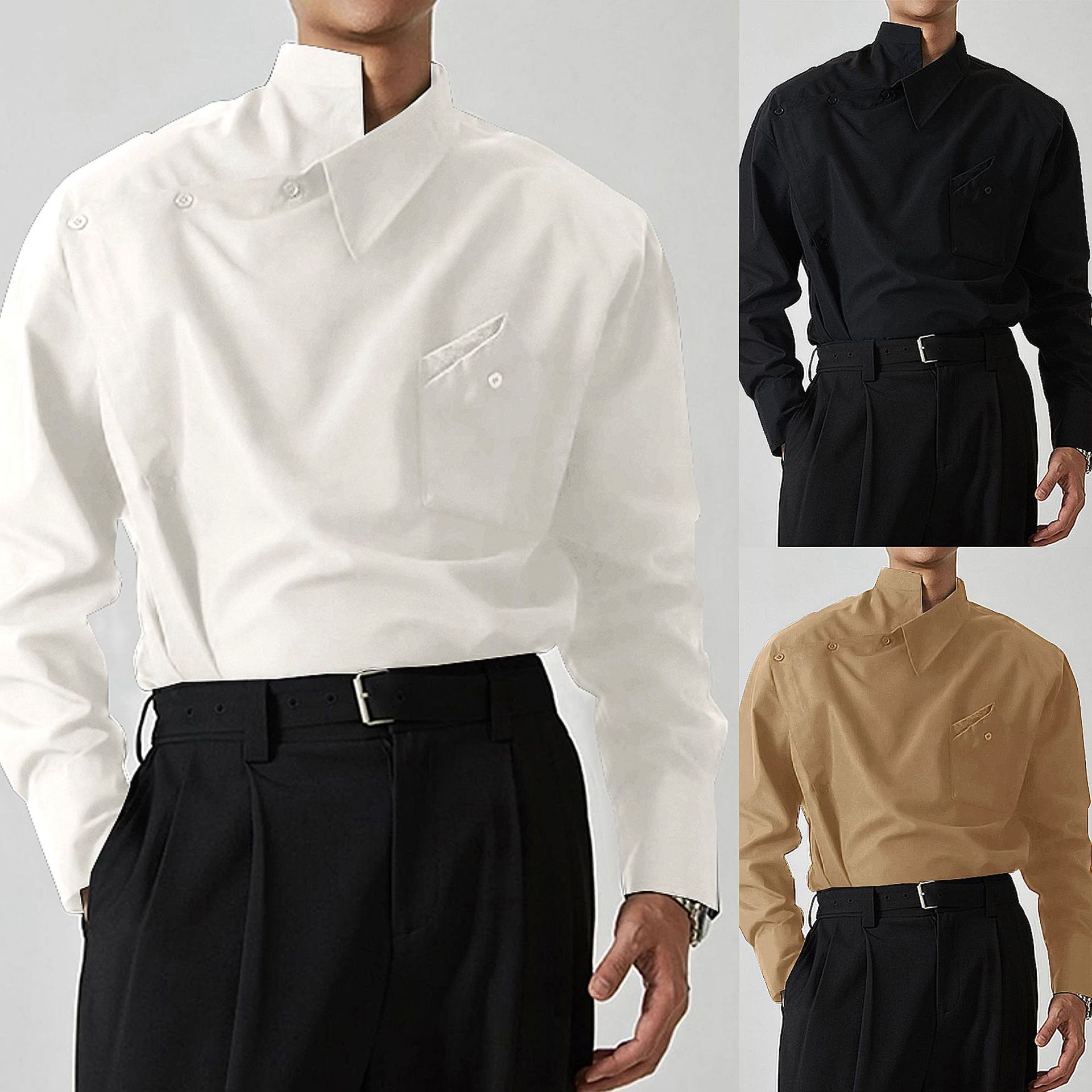 Camisa de solapa con hebilla de diseño Irregular para hombre, Top holgado de manga larga de estilo francés Vintage, camisas elegantes de desfile de moda para primavera y otoño