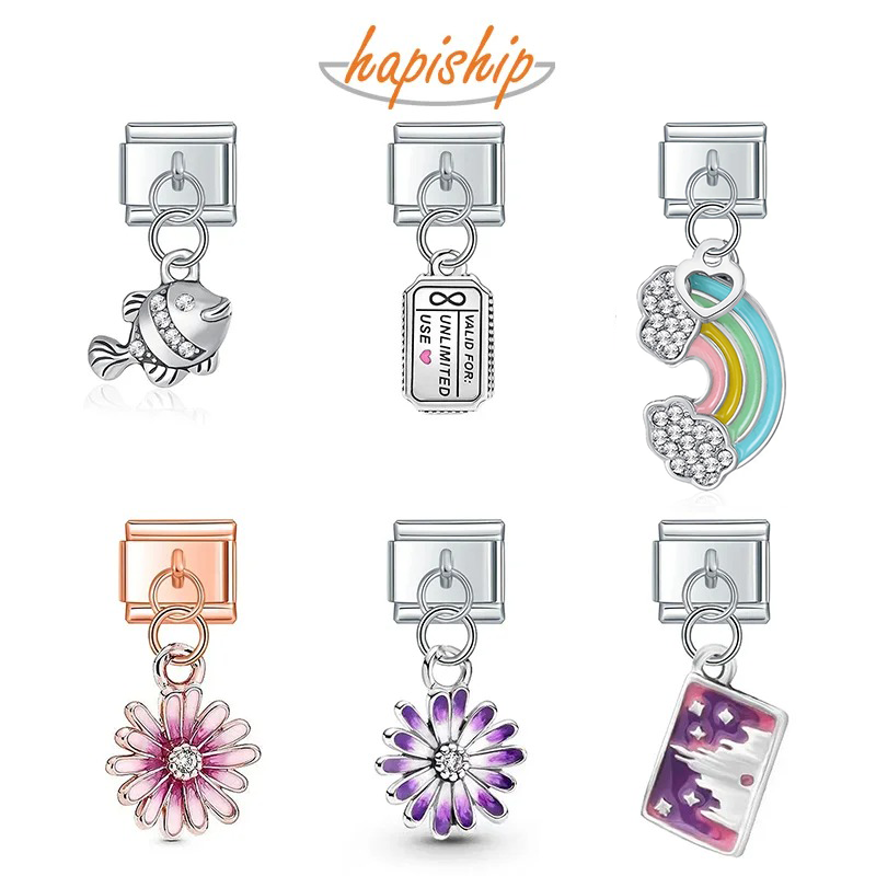 Hapiship moda doce flor peixe arco-íris cão menino meninas charme links caber 9mm pulseira de aço inoxidável fazendo jóias diy dj429