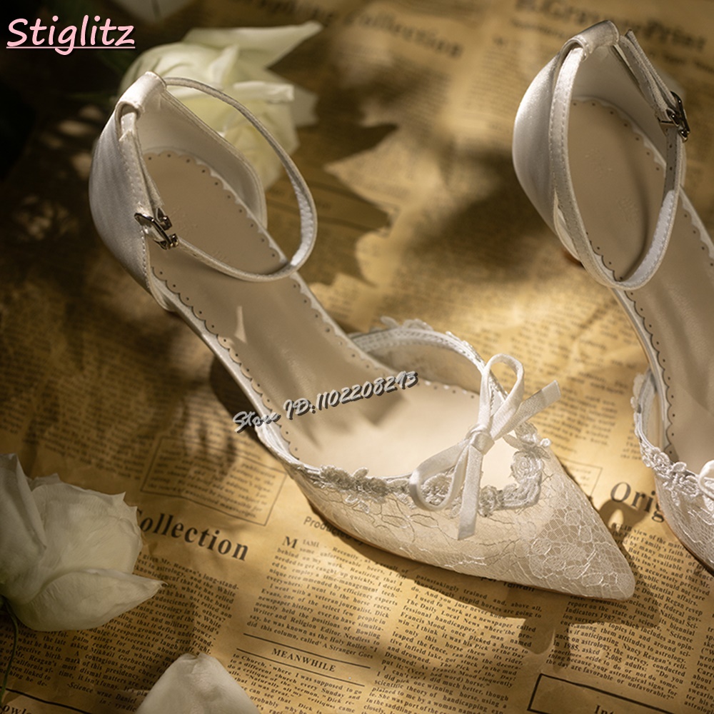 Escarpins de mariage rétro en dentelle, bout pointu, sangles à boucle en maille, sandales à talons aiguilles, robe d'été à la mode pour femmes, chaussures de demoiselle d'honneur, 2025