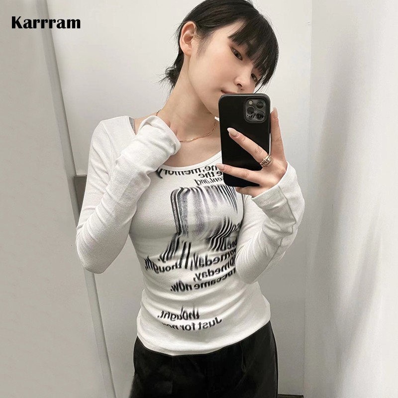 Karrram Grunge Print Long Sleeve T-shirt Korean Fashion Graphic T Shirts Y2k Aesthetics Kpop Tops Sexy Slim Tee Shirt Streetwear