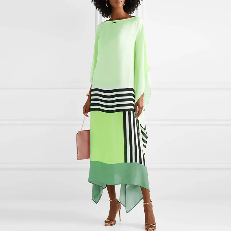 Candy Streepprint Patchwork Kaftan Jurken Dames Lente Ronde Hals Onregelmatige Lange Jurk Zomer Batwing Mouw Boho Maxi Jurk