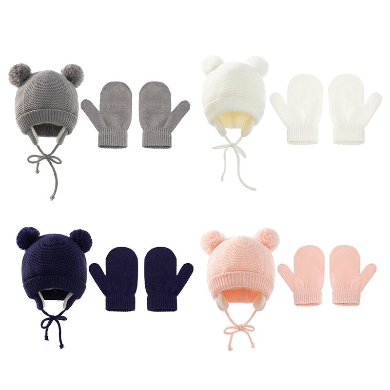 Conjunto de luvas de malha para bebês, 2 peças, cor sólida, outono inverno, proteção para os ouvidos, gorro infantil para meninas, meninos, bonito, guerra ao ar livre