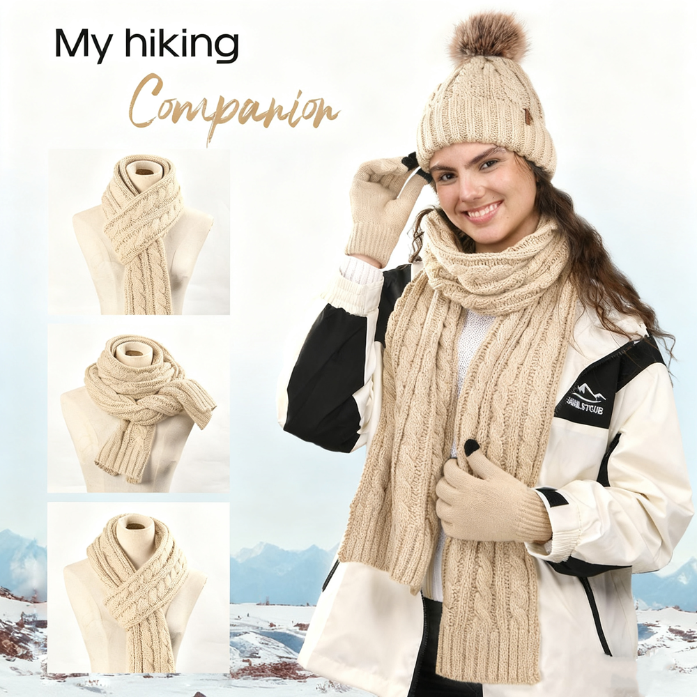 FURTALK 3-Piece Set Winter Hat Gloves Scarf Set for Women Detachable Pom Pom Fleece Lined Skull Cap Touchscreen Gloves and Scarf