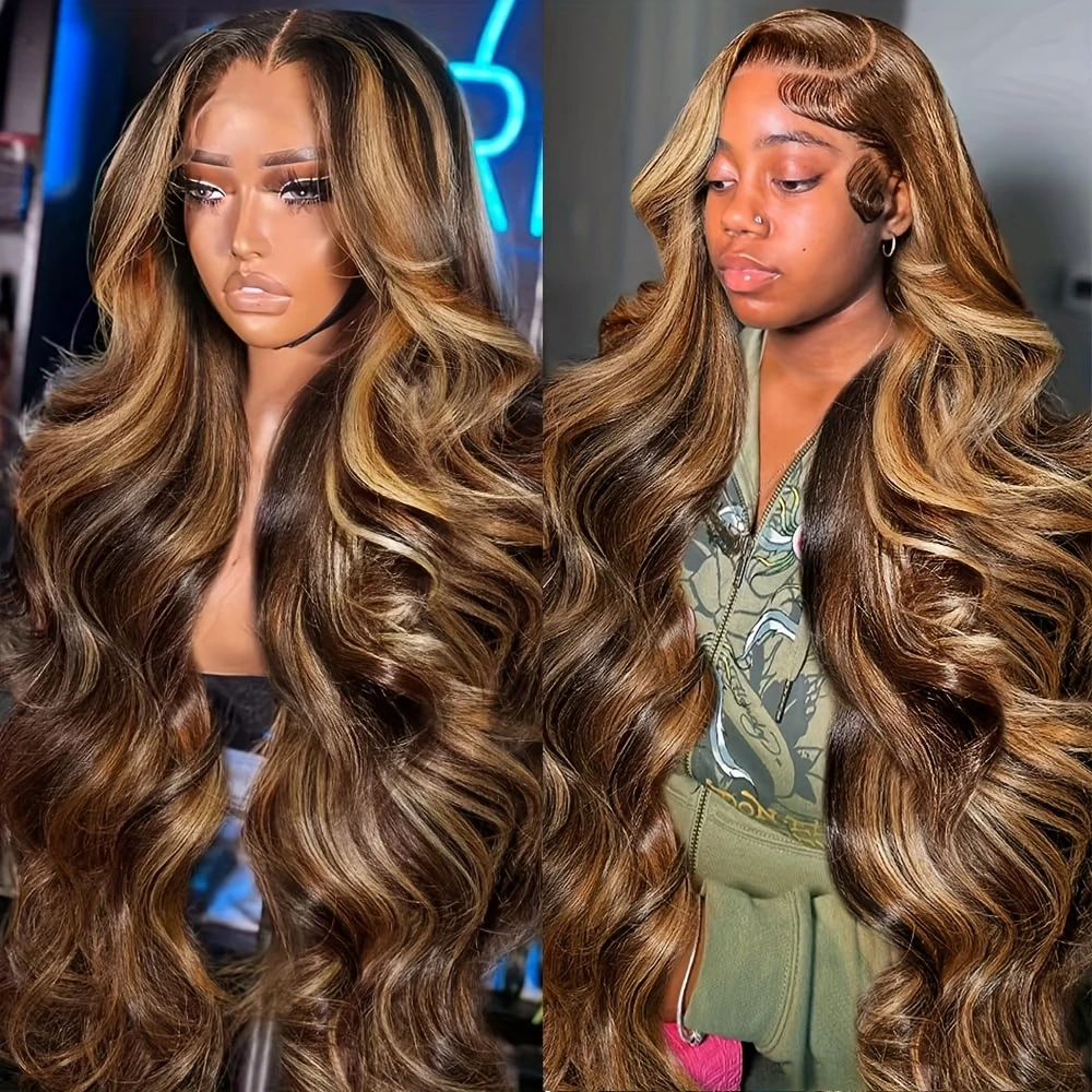 P4/27 Highlight Brown Body Wave 13x6 Парик из натуральных волос Медовый блондин Цвет 13x4 HD Кружева Предварительно выщипанные 40 46-дюймовые парики для женщин