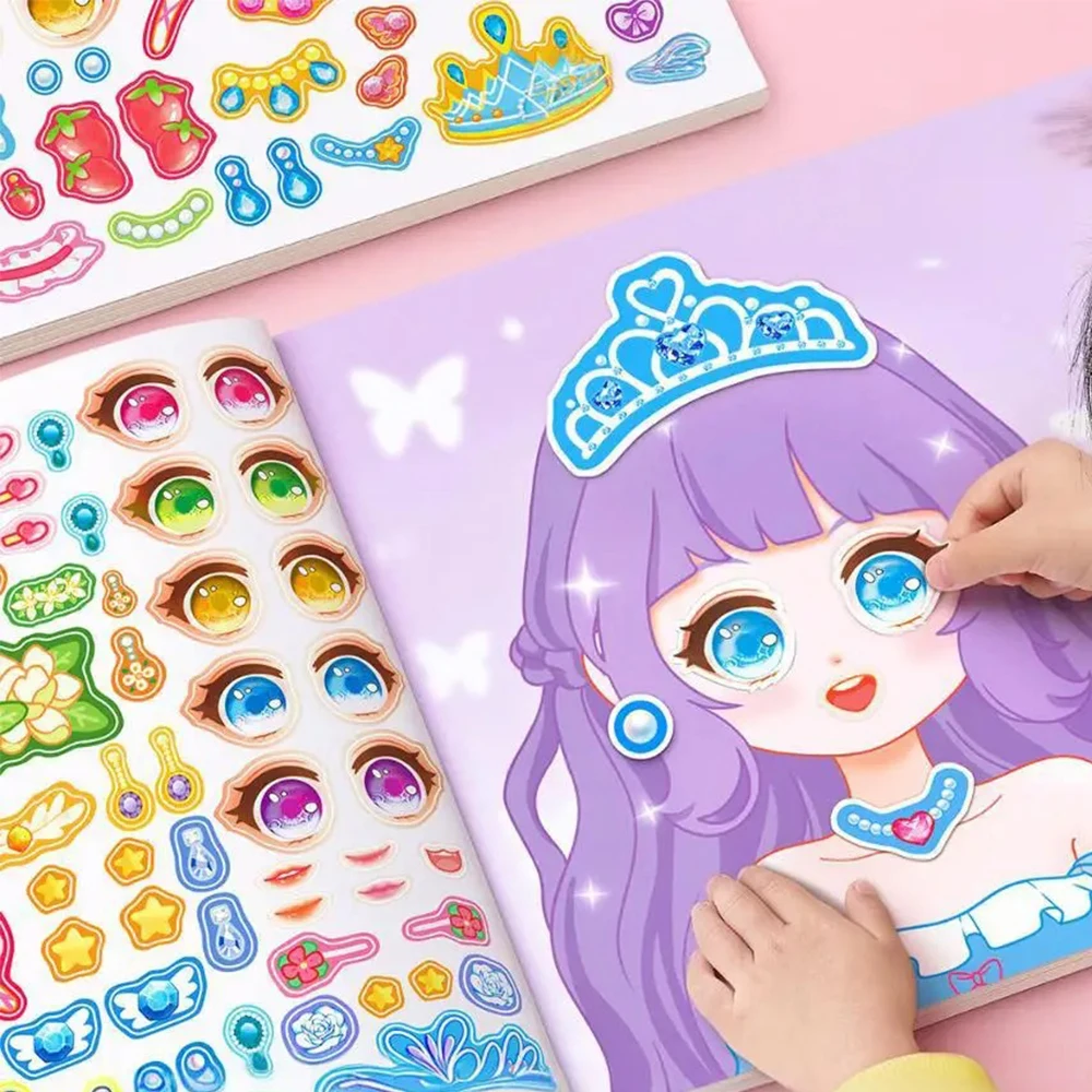 1 ensemble d'autocollants de puzzle de style princesse de dessin animé, réutilisables, autocollants de visage souriant pour fille, autocollants de jouets créatifs faits à la main