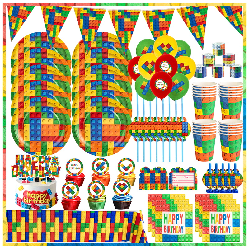 Nuovo kit di decorazioni per feste di compleanno con blocchi di costruzione Blocchi di costruzione colorati Stoviglie Sfondo Palloncini Forniture Set decorativo per bambini