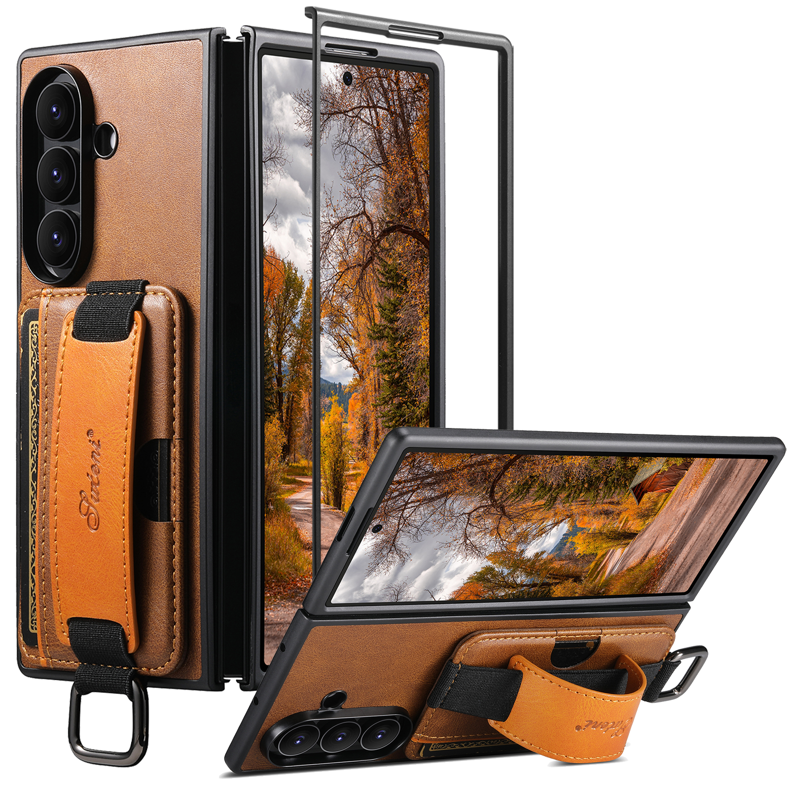 SUTENI Casing Ponsel Bahan Halus Tali Pergelangan Tangan Cincin Gesper Kulit Imitasi Tempat Kartu Berdiri untuk Samsung Galaxy Z Lipat 8 Ultra 7 6 5